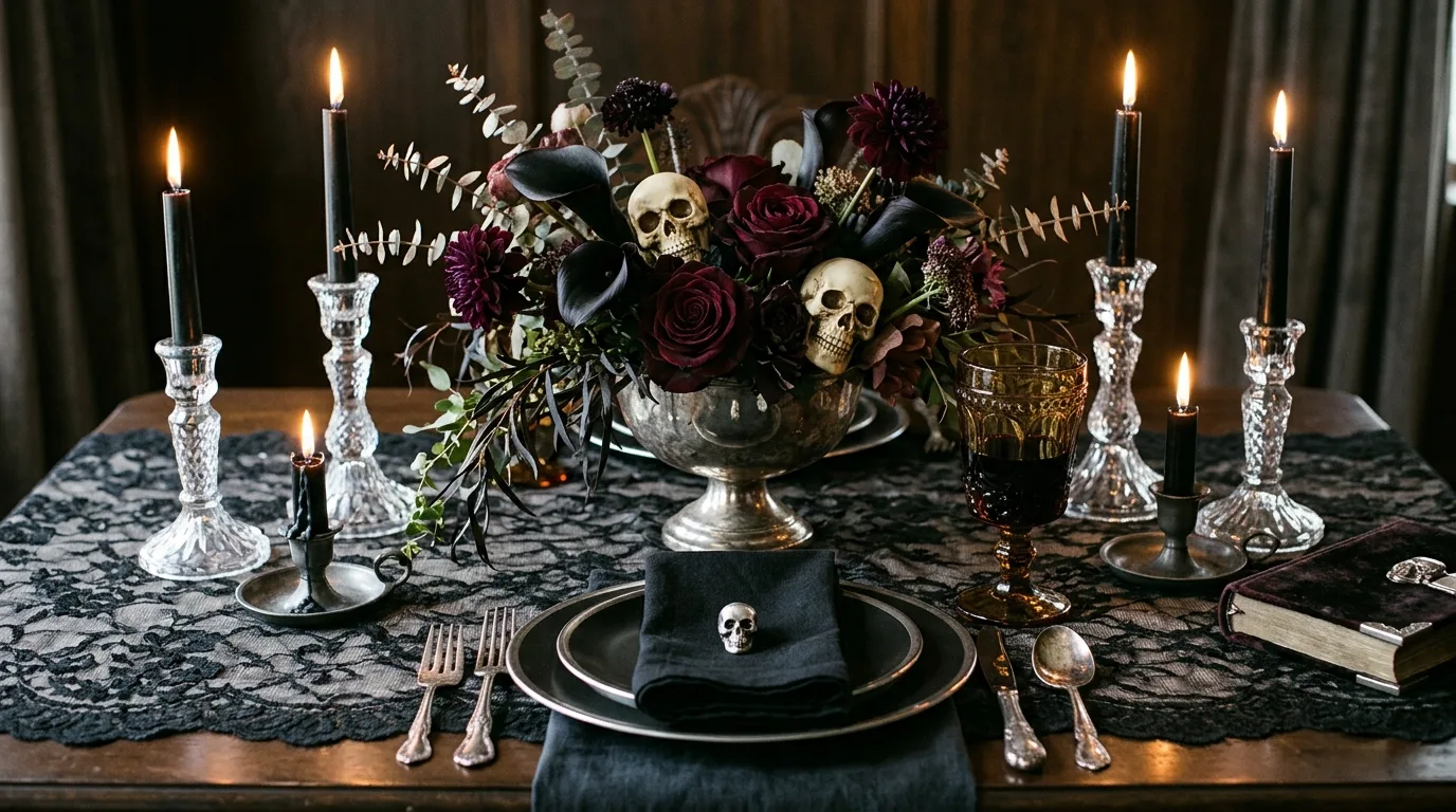 Create tighter Halloween vignettes on shelves inspiration for a spooky chic Halloween interior.